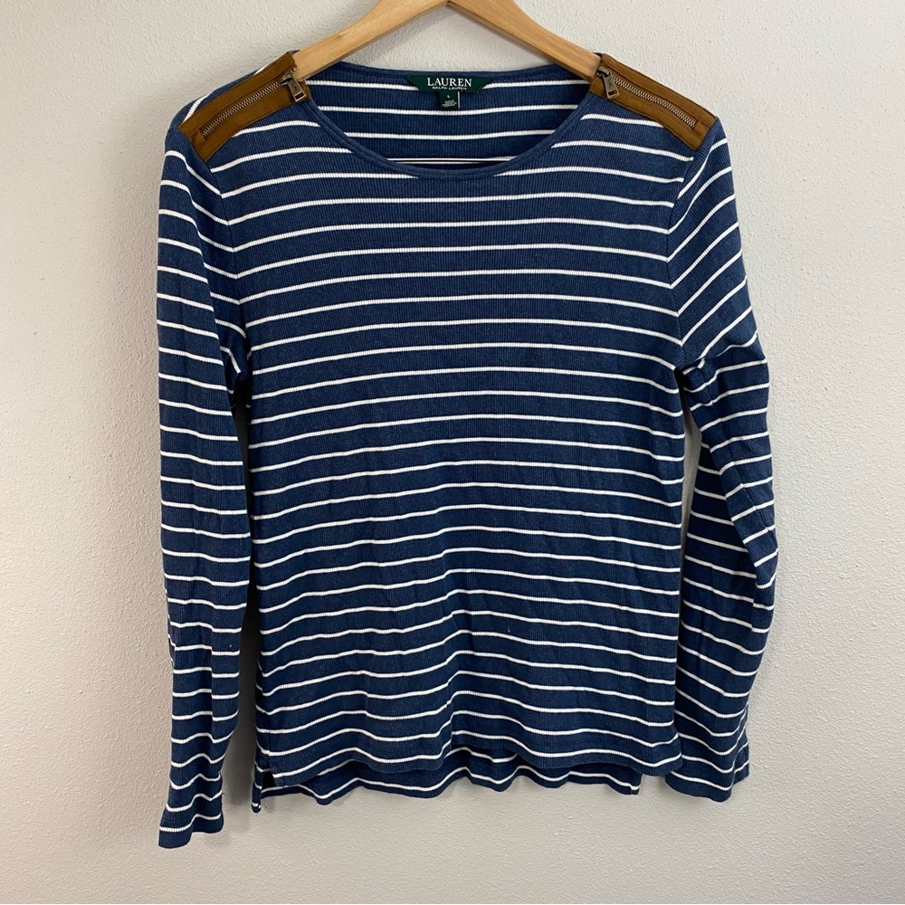 Lauren Ralph Lauren Blue and White Striped Crewneck Sweater Woman’s‎ Size Large